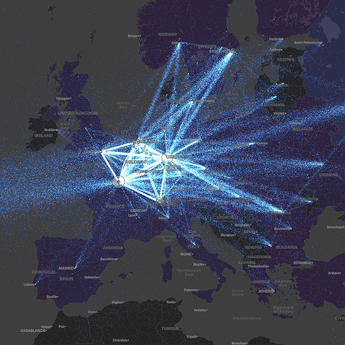 Communication volume between various Tor relay nodes in Europe.