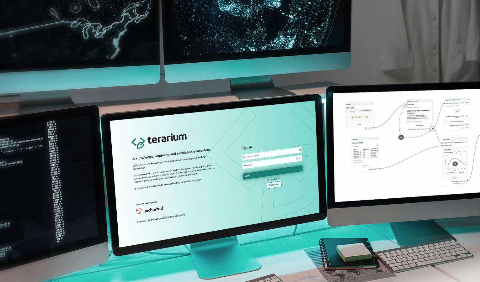 Multiple monitor display showing the Terarium login page and workflow editor on separate screens