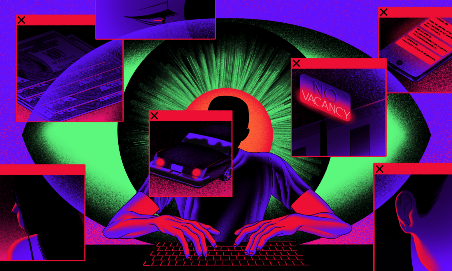 Illustration of a faceless person at a keyboard with a giant eye behind them and computer pop-up windows with images that evoke human trafficking