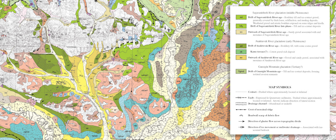 Surficial geologic map and a partial legend with with many of near-identical polygon colors. | Image: USGS