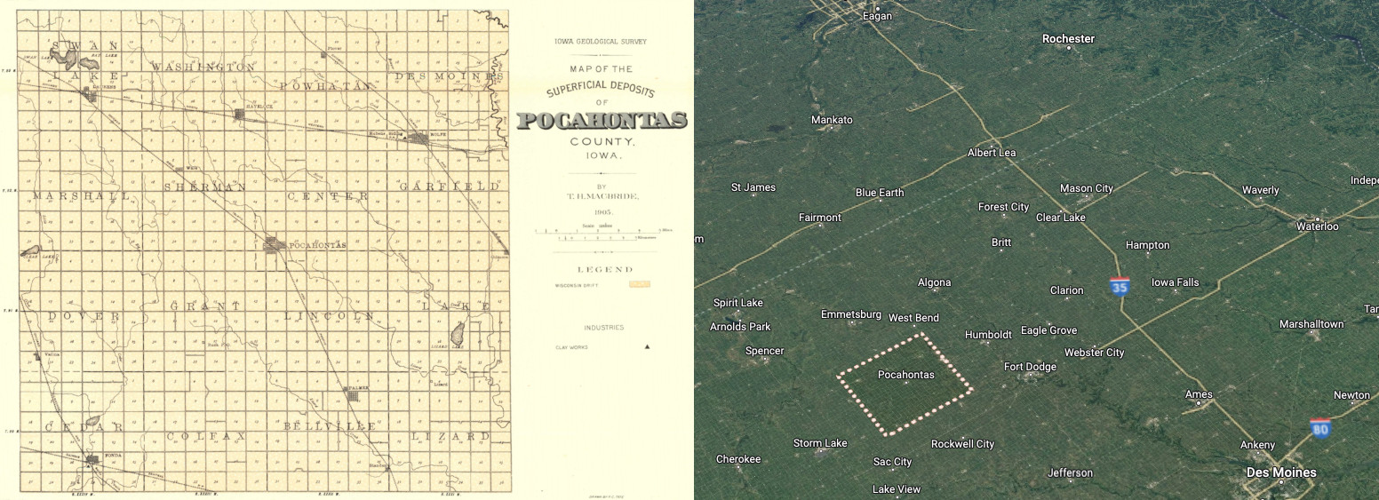 Left, a 1905 map of superficial deposits in Pocahontas County, IA. Right, its georeferenced extents in northern IA.