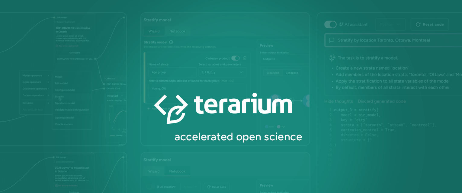 Terarium logo and tagline "accelerated open science" over a screenshot of the AI-assisted model stratification workflow