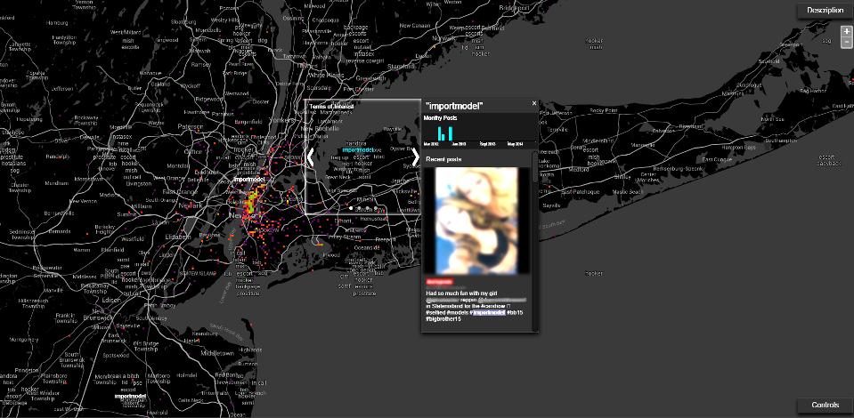 Map of geolocated social media from Long Island and a box over an area showing top terms from the messages