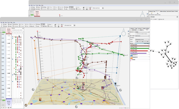 GeoTime software depicting numerous tracked entities in time and space.