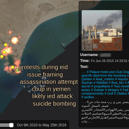 A satellite photo of Yemen with points for geolocated social media posts, and an overlay showing a selected post.