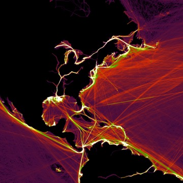 Individual shipping routes moving along the West coast of Mexico and Central America, through the Panama Canal, along the rivers of North America, and all along the Atlantic coast and Caribbean.  The more traffic using a same route, the brighter it appears. Physical geography is revealed in the negative space where maritime shipping does not go.