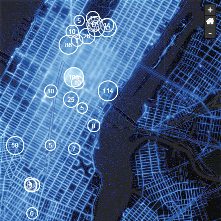 Map of lower Manhattan showing taxi volume on individual streets and circles for social media query results.