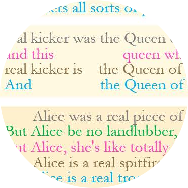 Five styles of LLM-generated descriptions of Alice in Wonderland. Exact matching text is green, close is orange.