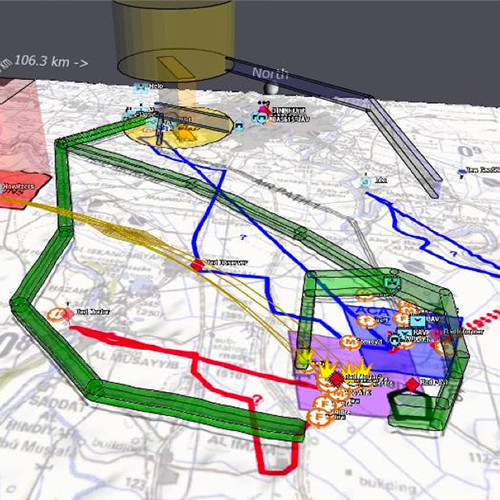 Three-dimensional plot of air spaces over a map, allowing planning and execution of a mission.