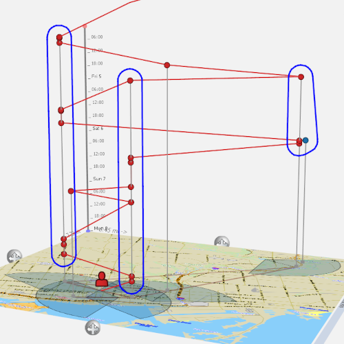 GeoTime software depicting numerous tracked entities in time and space.