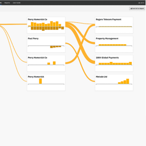 Screenshot of Influent, showing the flow and volume of money to and from various account